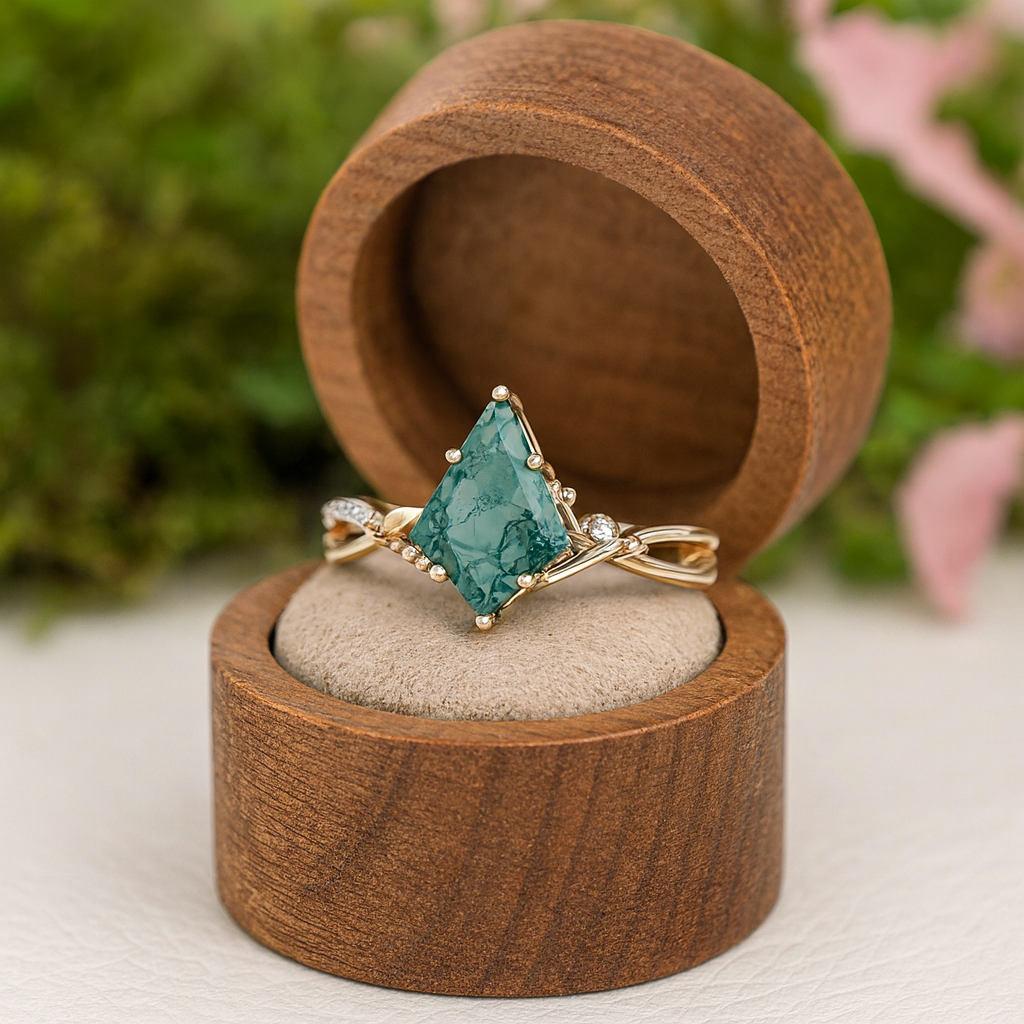 Kite Shaped Moss Green Agate Twisted Engagement Ring
