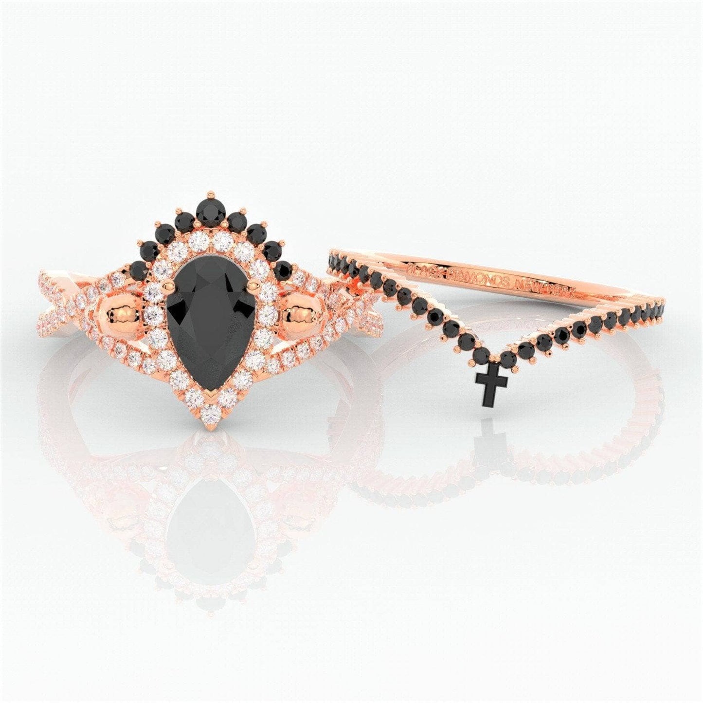 1ct Pear Cut Black Diamond Skull Ring Set
