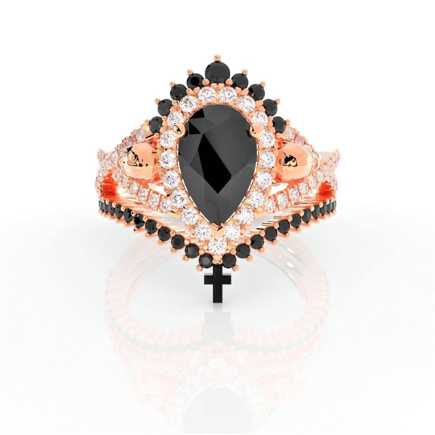 1ct Pear Cut Black Diamond Skull Ring Set