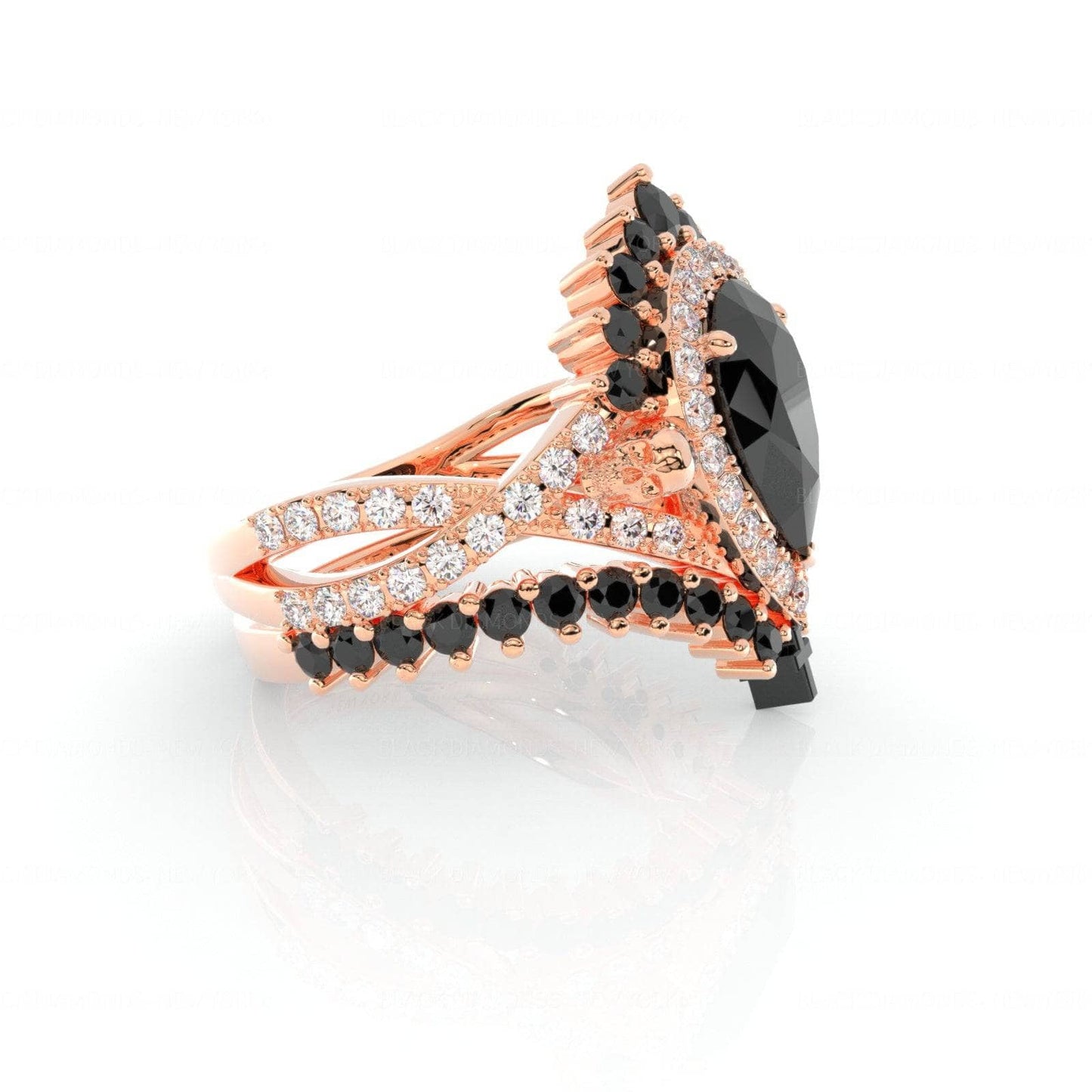 1ct Pear Cut Black Diamond Skull Ring Set