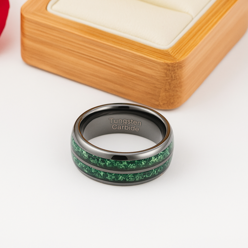Moss Agate Gunmetal Tungsten Carbide Ring Band