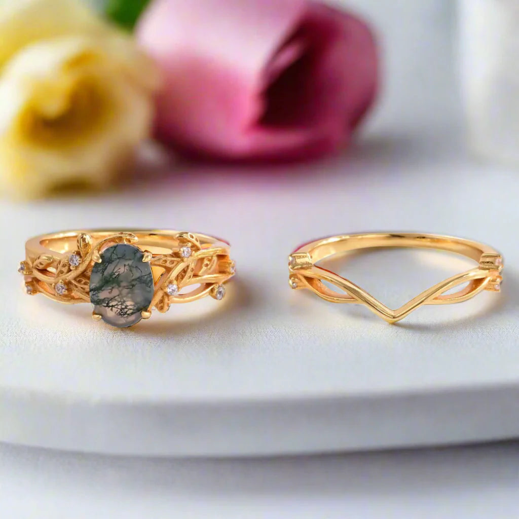 Oval-cut Moss Agate Leaf Design Ring Set