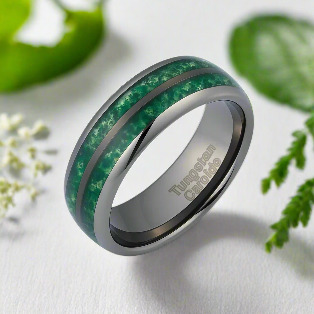 Moss Agate Gunmetal Tungsten Carbide Ring Band