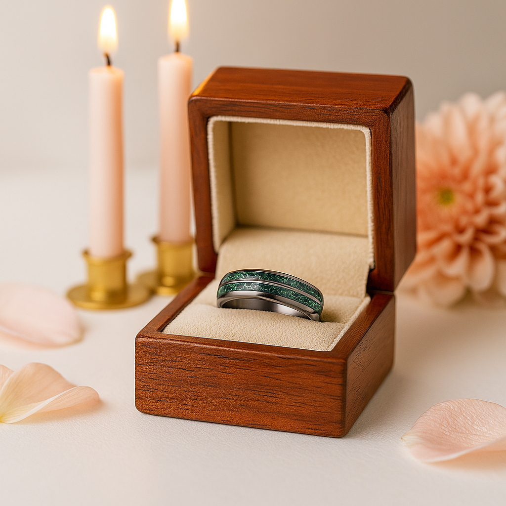 Moss Agate Gunmetal Tungsten Carbide Ring Band