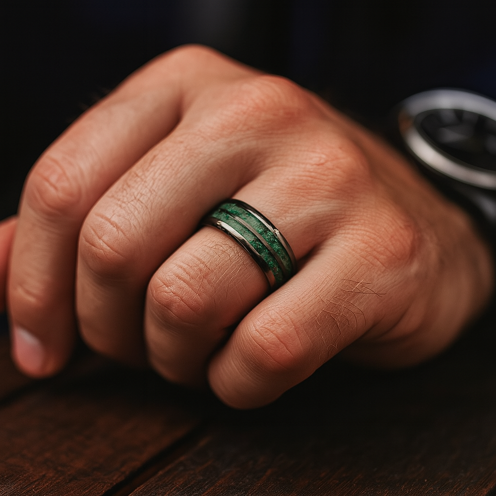 Moss Agate Gunmetal Tungsten Carbide Ring Band