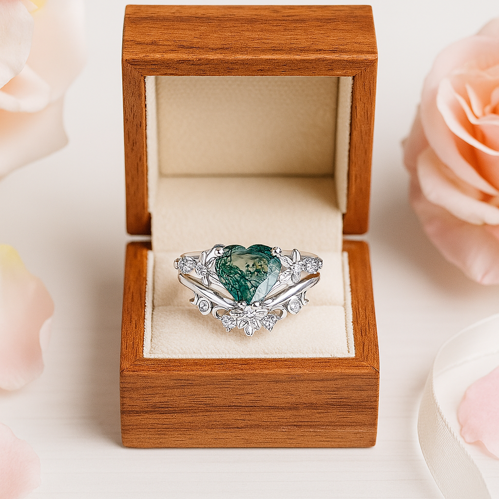 Heart Shaped Moss Agate Engagement Ring Set