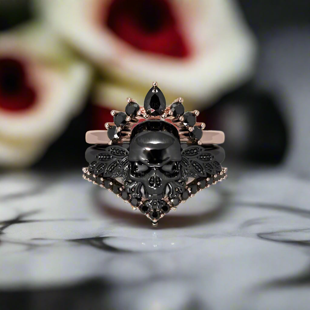 3pc Rose Gold Black Diamond Gothic Ring - My Queen