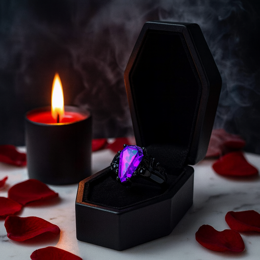 My Ever After Ring with Coffin Cut Diamond with Skulls, Bat and Roses Promise Ring