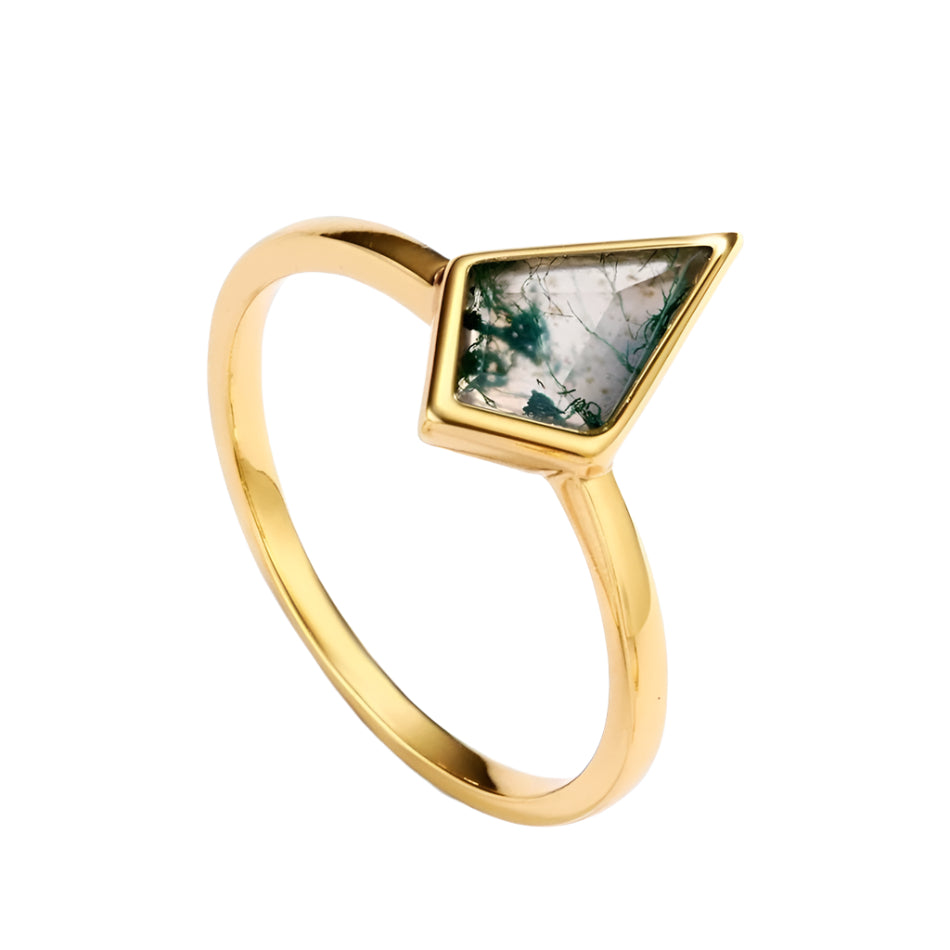 Natural Moss Agate Irregular Kit-cut Yellow Gold Wedding Ring