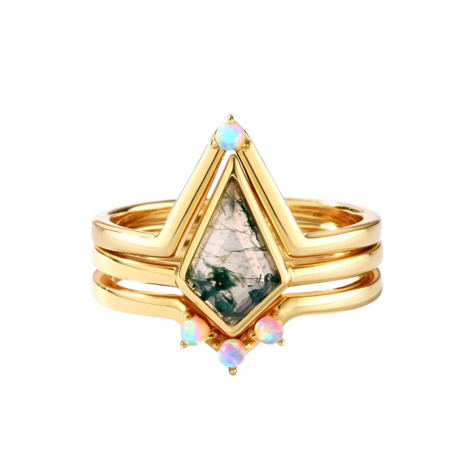 Natural Moss Agate Irregular Kit-cut Yellow Gold Wedding Ring