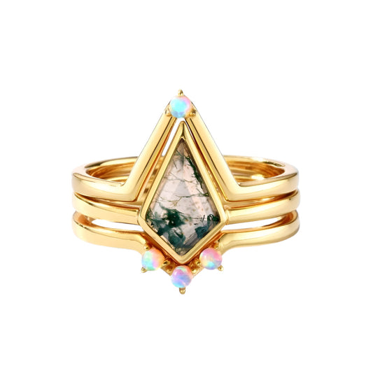 Natural Moss Agate Irregular Kit-cut Yellow Gold Wedding Ring