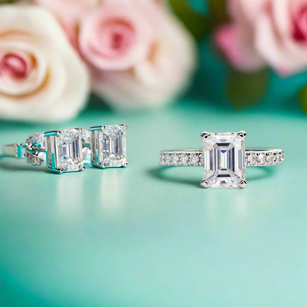 3ct Emerald Cut Moissanite Engagement Ring and Earrings Set