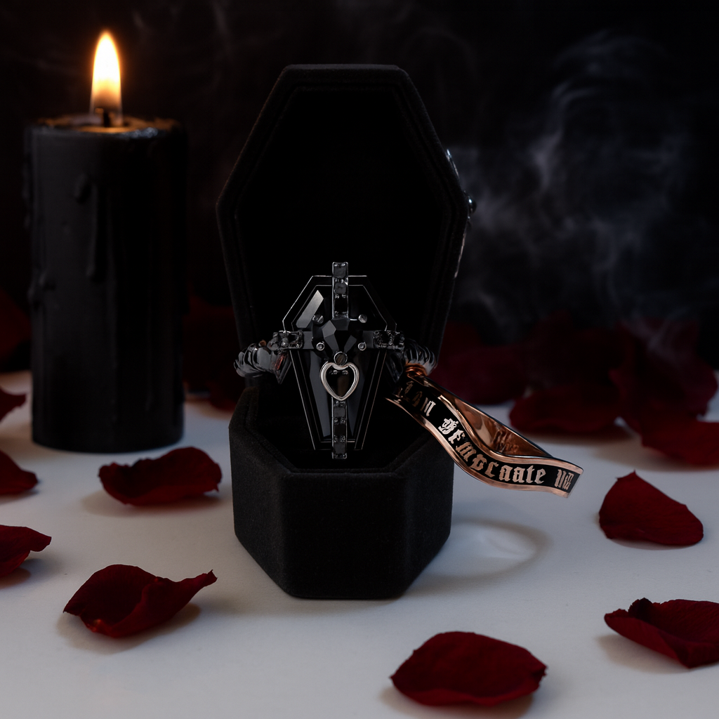 Only Death Can Separate Us Coffin Cut Diamond Wedding Rings
