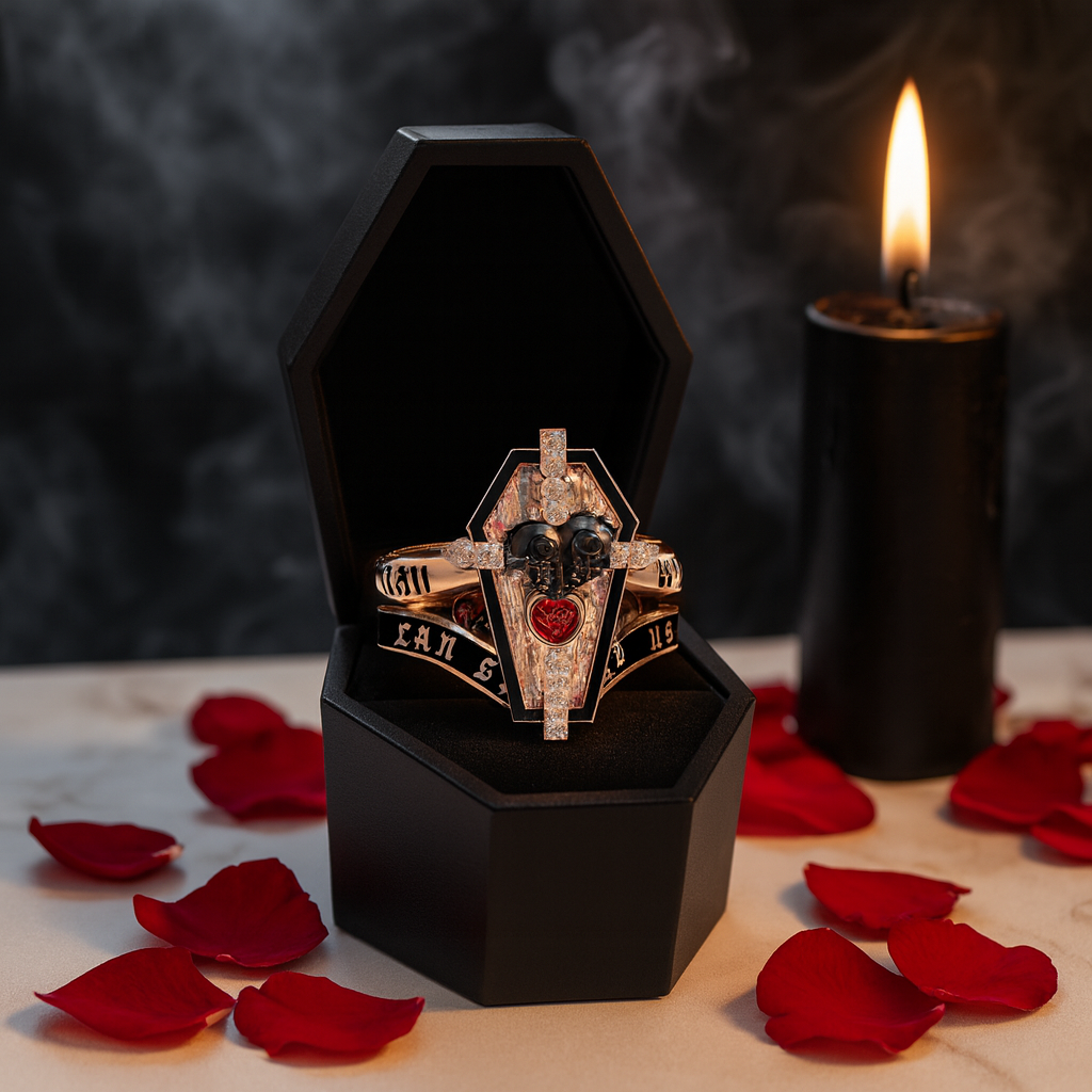 Only Death Can Separate Us Coffin Cut Diamond Wedding Rings