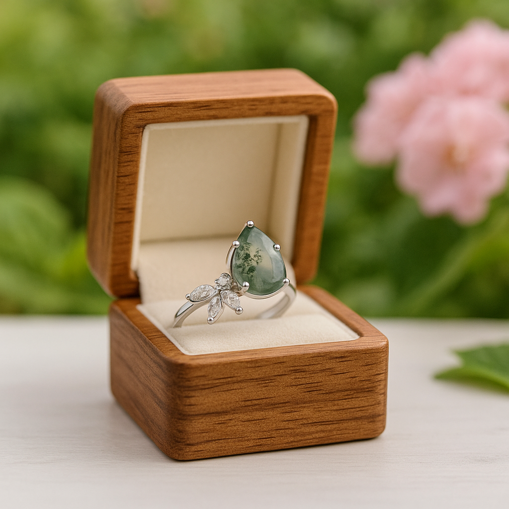 Classic Pear-cut Moss Agate Cluster Ring with Marquise-cut Side Stones