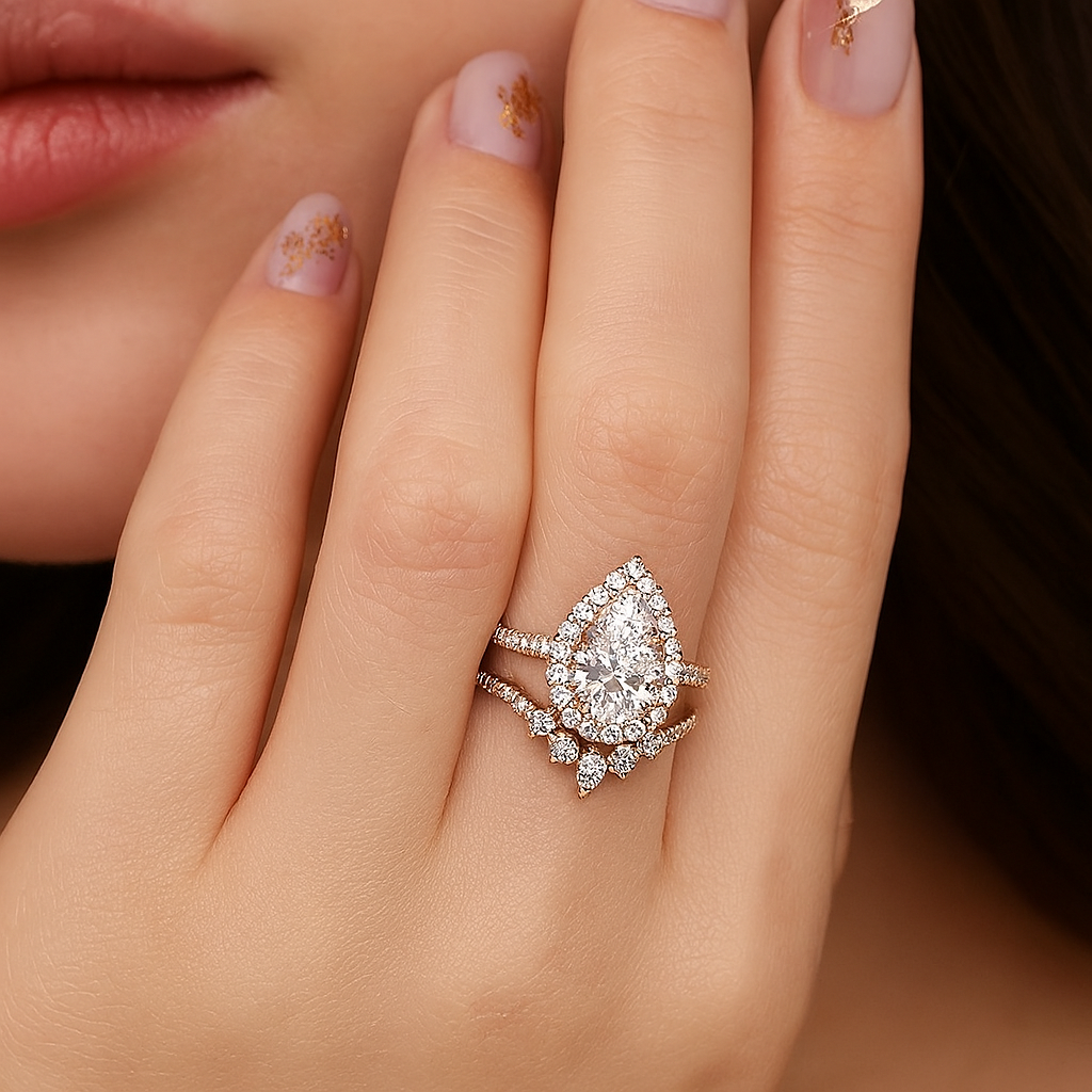 Elegant Rose Gold 2.2 Carat Halo Pear Cut Bridal Ring Set