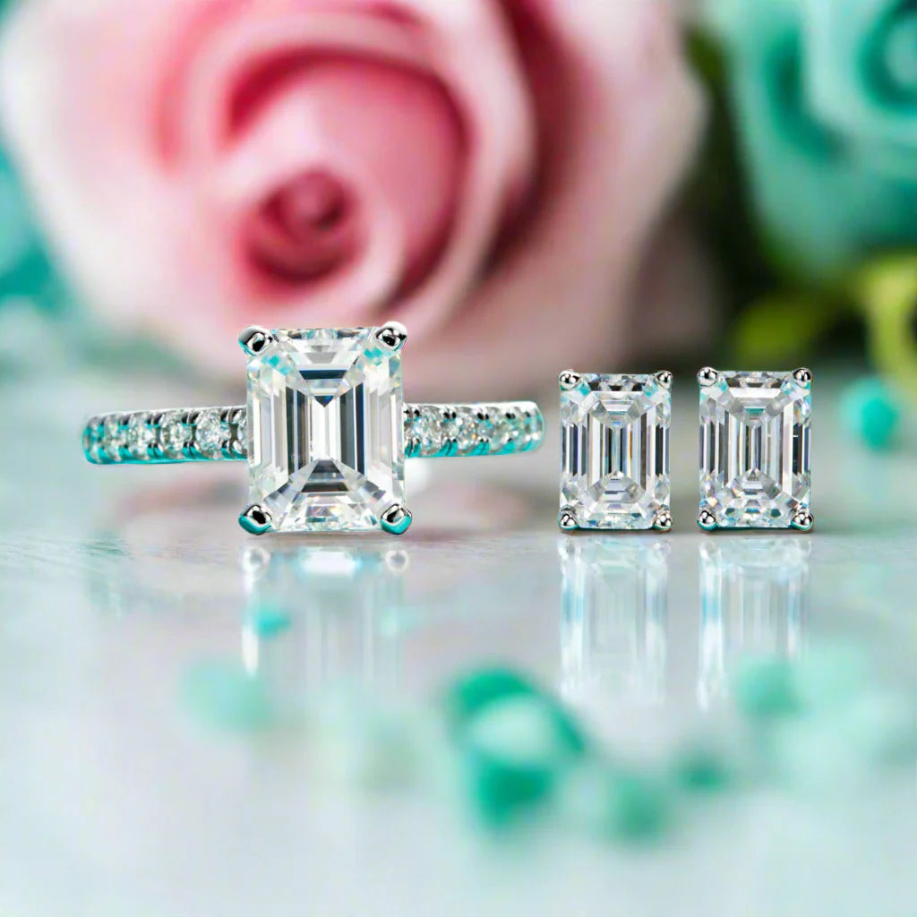 3ct Emerald Cut Moissanite Engagement Ring and Earrings Set