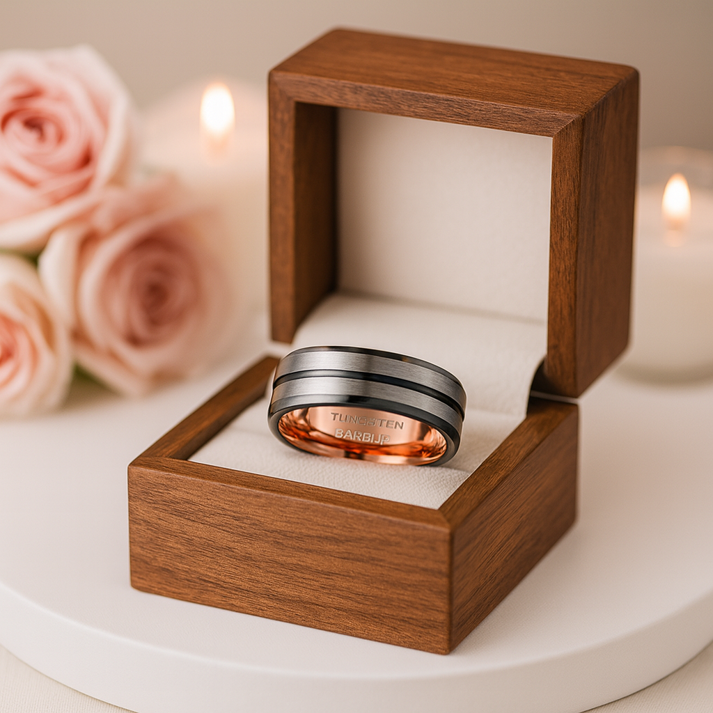 Rose Gold Inner Ring & Black Bevel Groove Tungsten Carbide Men's Ring