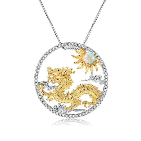 Year Of The Dragon- Natural African Opal Gemstone Flying Dragon Necklace