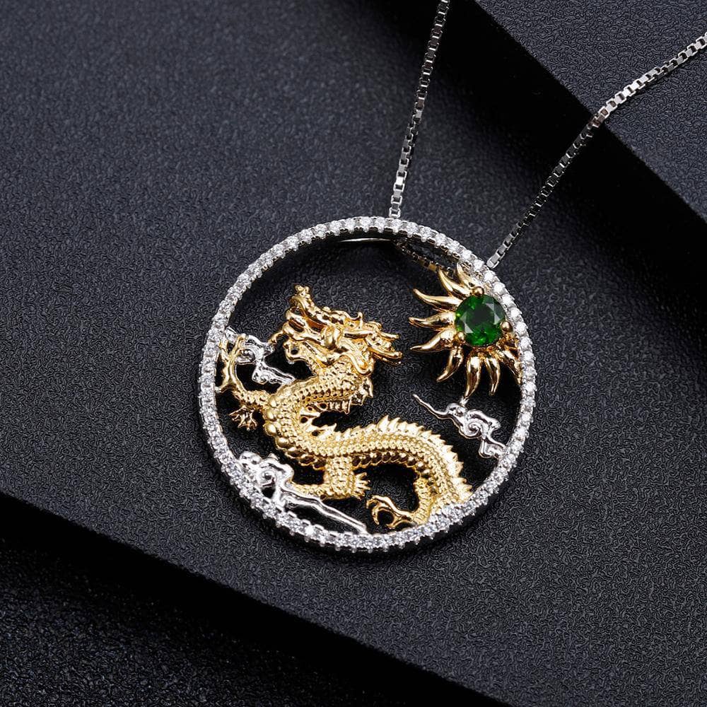 Year Of The Dragon-Natural Chrome Diopside Handmade Flying Dragon Necklace