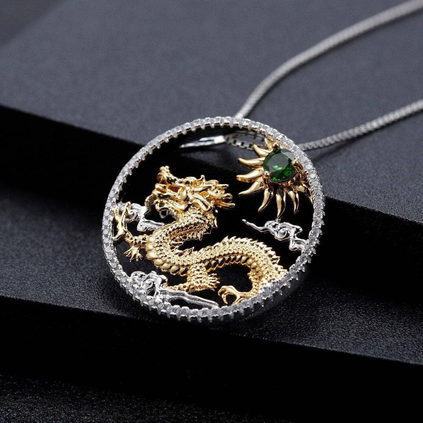 Year Of The Dragon-Natural Chrome Diopside Handmade Flying Dragon Necklace