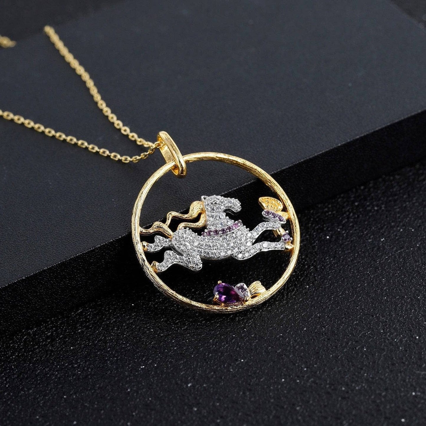 Year Of The Horse- Galloping Horse Natural Amethyst Necklace