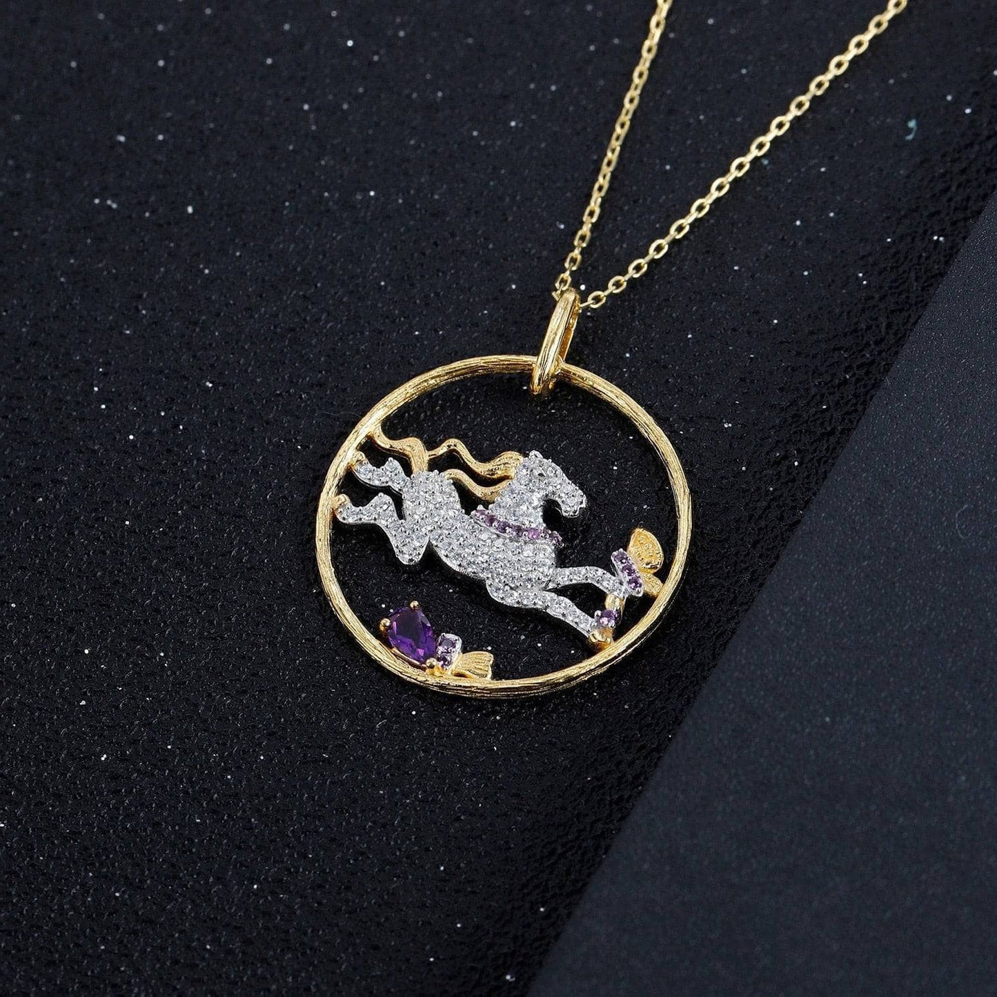 Year Of The Horse- Galloping Horse Natural Amethyst Necklace