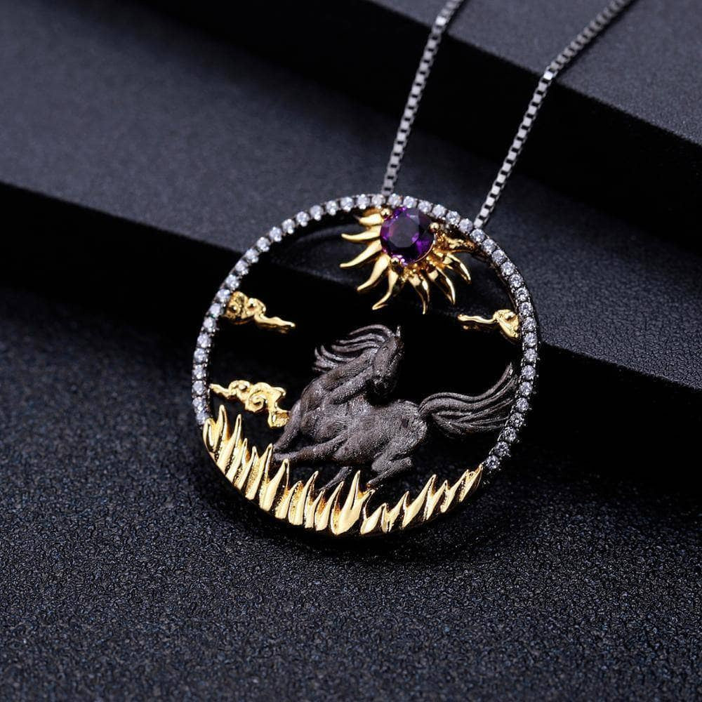 Year Of The Horse- Natural Amethyst Handmade Sun & Horse Necklace