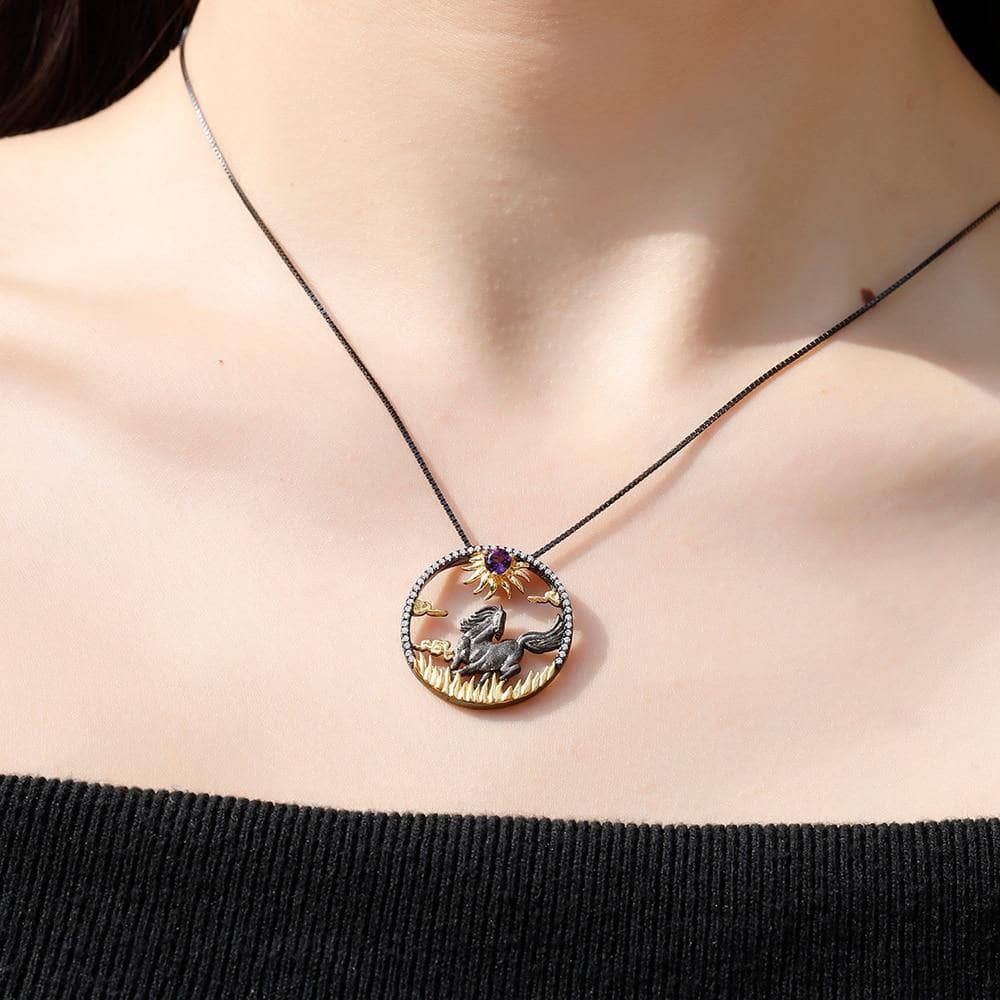 Year Of The Horse- Natural Amethyst Handmade Sun & Horse Necklace
