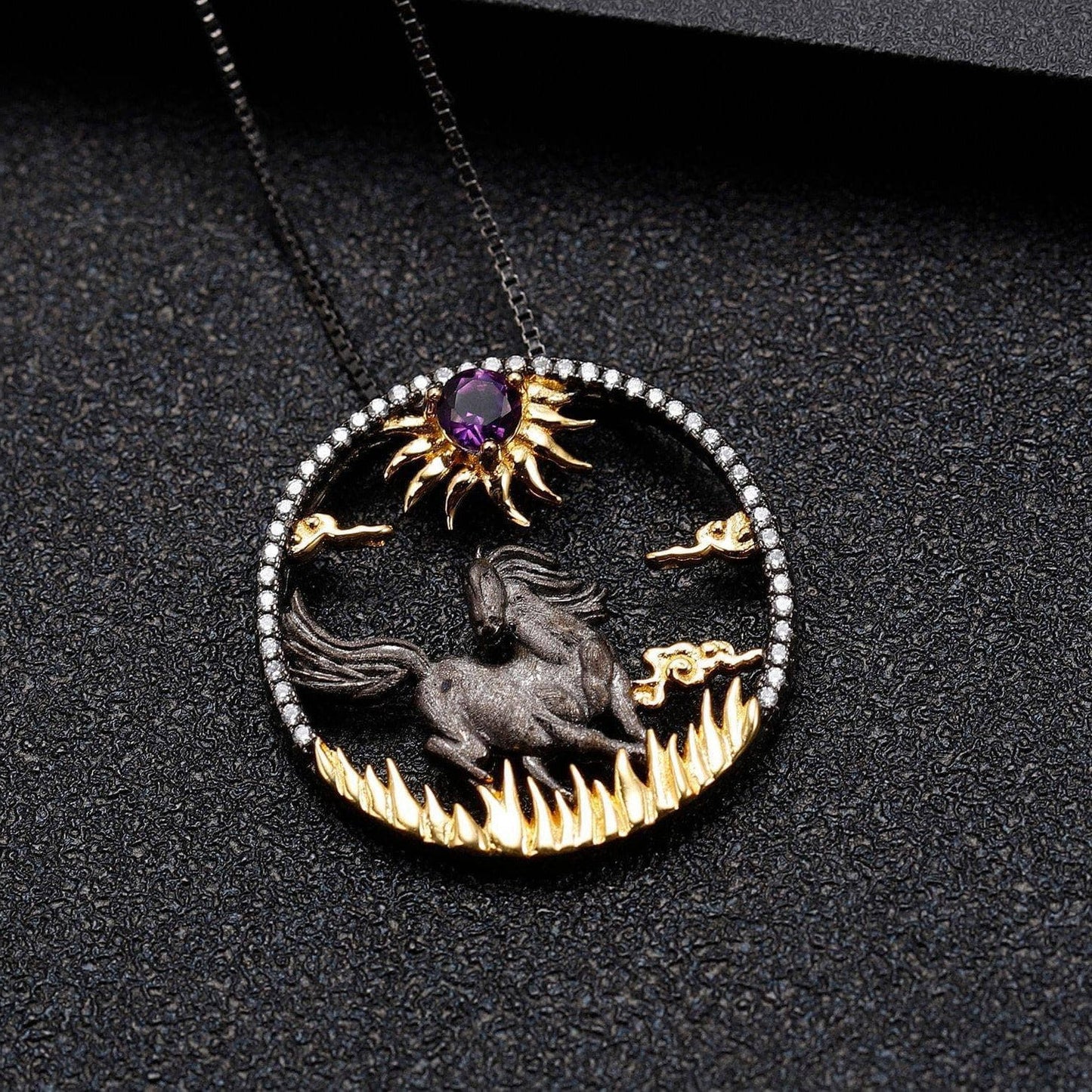 Year Of The Horse- Natural Amethyst Handmade Sun & Horse Necklace