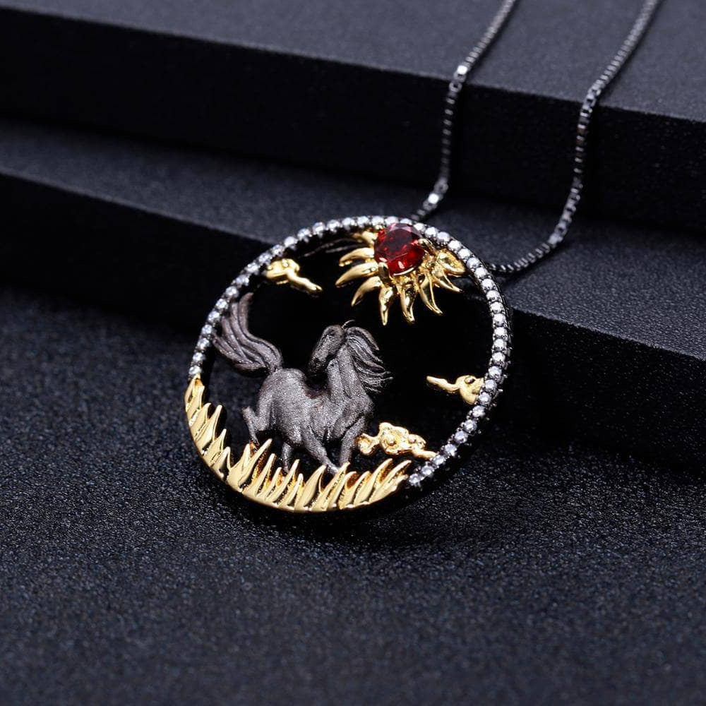 Year Of The Horse-Natural Red Garnet Gemstone Handmade Sun & Horse Necklace
