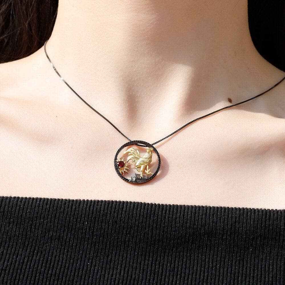 Year Of The Rooster-Natural Red Garnet Handmade Rooster Necklace