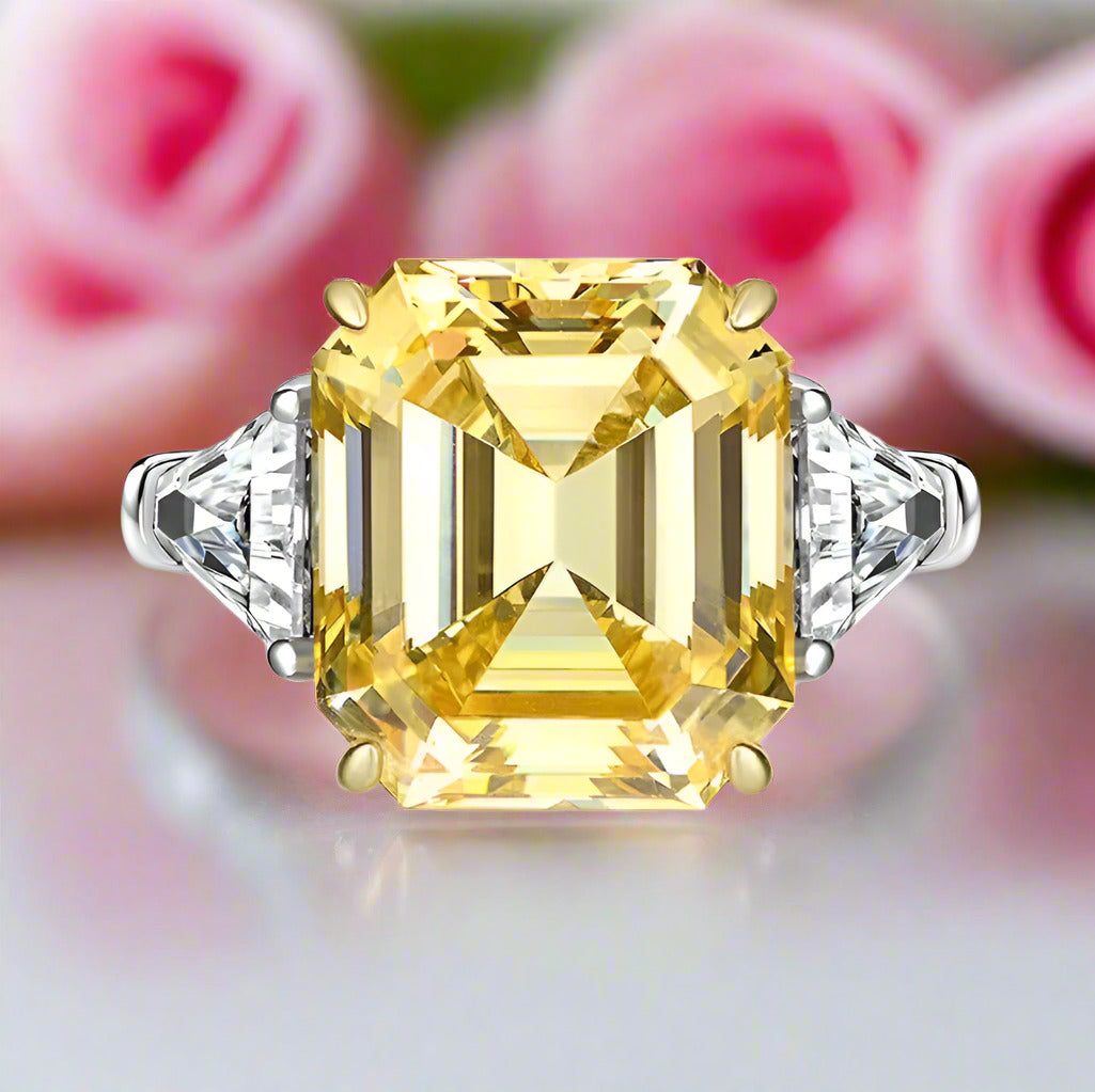 Yellow Sapphire Asscher Cut Three Stone Engagement Ring